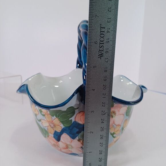 Ruffled Ceramic Basket Handcrafted Blue White Pink Floral Twisted Handle - Picture 9 of 11